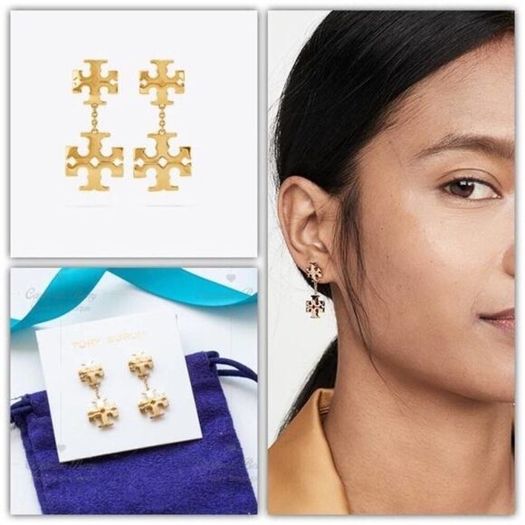 NWOT Tory Burch Gold Double Logo Dangle Earrings - Picture 1 of 5